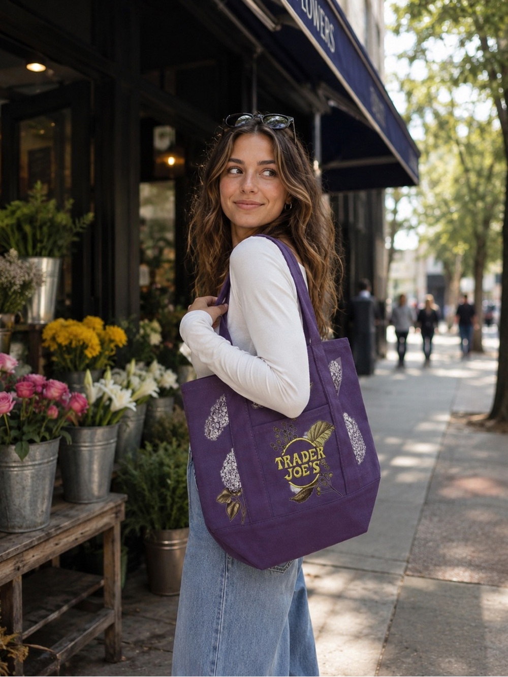 Trader Joe's Purple Floral Canvas Tote